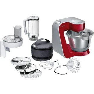Bosch Küchenmaschine Serie 4, Edelstahl-Schüssel 3,9 L spülmaschinenfest, Mixer 1,25 L, Planetenrührwerk,Knethaken,Schlag,Rührbesen, Durchlaufschnitzler, 3
