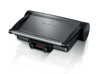 Bosch Tischgrill, elektrisch, 3-in1-Kontaktgrill, individueller Temperaturregler, Fettablaufrinne, Auflaufform, herausnehmbare Aluminium-Grillplatten, einfa