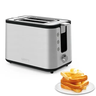 Krups KH442D Control Line Premium Toaster, Edelstahl, 2 kurze Schlitze für 2 Scheiben, Brötchenaufsatz, 6 Bräunungsgrade, 850 W, 23.6 x 32.4 x 20.2 cm, Silb