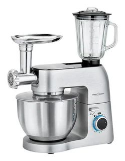 ProfiCook Knetmaschine | Universalküchenmaschine | 3in1 | 8 Geschwindigkeitsstufen | 1500 Watt | 6,7 Liter Edelstahlschüsse | Glas Mixer 1,5 Liter | Fleischwolf