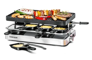 Rommelsbacher Raclette Grill RC 1400 - Wendeplatte zum Grillen & für Crepes, 8 Pfännchen, Antihaftbeschichtung, Ein/Ausschalter, stufenlose Temperaturregelung, Edel