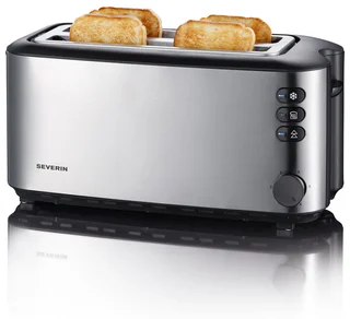 Severin Doppel-Langschlitztoaster mit eingebautem Brötchen-Aufsatz, für 4 Brotscheiben, Brotscheibenzentrierung, Aufwärm- und Defroster-Stufe, Edelstahl gebür