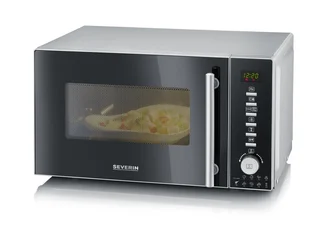 Severin 3-in-1 Mikrowelle mit Grill und Heißluftfunktion, Minibackofen mit 10 Leistungsstufen, multifunktionale Mikrowelle mit Drehteller und Grillrost, schwa