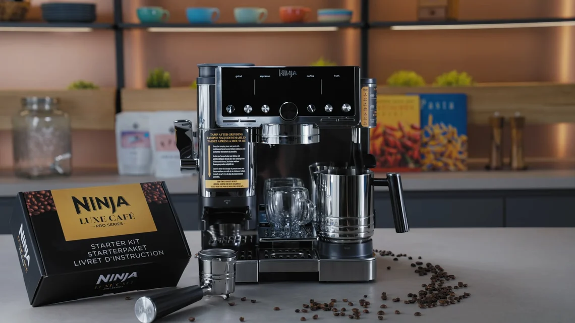 Die Ninja Luxe Café Pro mit Zubehör-Box und Milchkännchen.