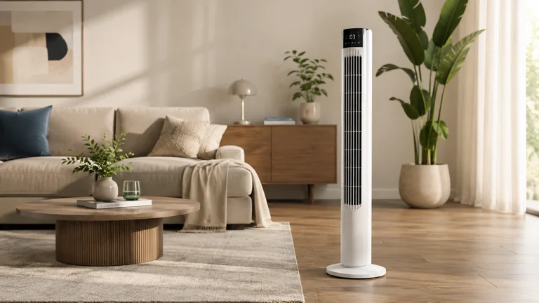 Turmventilator in einem Wohnzimmer.